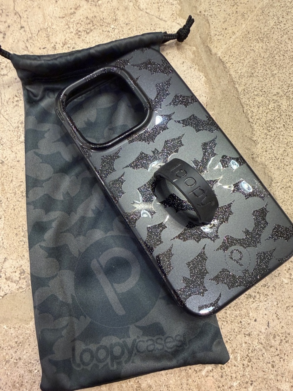 iPhone 15 Pro- Loopy Case Black Glitter Bat Pattern Phone Case with Loop Grip